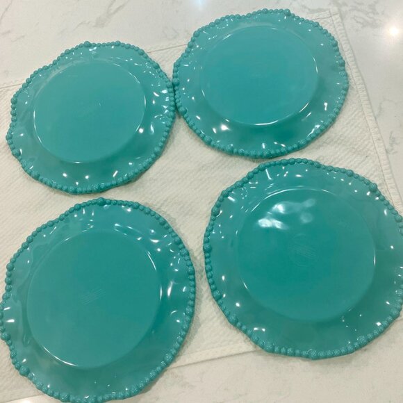 Rachel Ashwell Set of 4 Plates 9" Lunch Salad Teal Shimmery Beaded Ruffled Edge - Picture 4 of 6